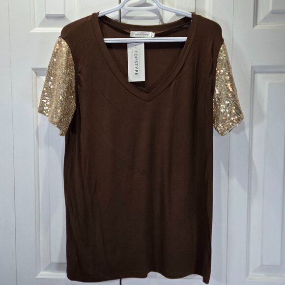 NWT Women's Gold Sequin Short Sleeve T-Shirt - Size Large - Picture 1 of 5